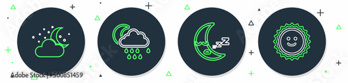 Set line Cloud with rain and moon, Moon icon, stars and Sun icon. Vector