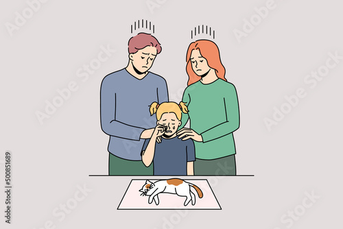 Family with child mourn of sick poor cat being unwell dying on table in hospital. Parents with small kid grieve above old pet gone. Domestic animals and bonding concept. Vector illustration. 