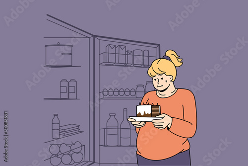 Fat woman holding piece of cake thinking of eating sweet stuff. Obese female near open fridge overeating suffer from weight and addiction problem. Diet and healthy lifestyle. Vector illustration. 