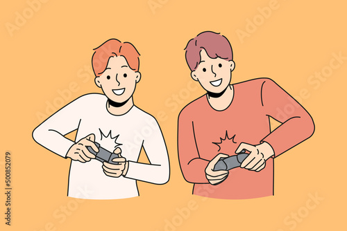 Happy guys playing video games holding joysticks. Smiling men gamers have fun together enjoy console videogame on TV or computer. Leisure time and relaxation. Vector illustration. 