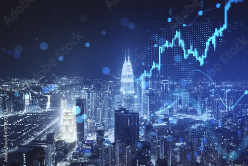 Abstract growing forex chart and dot map on blue night city background. Investment, stock market and financial success. Double exposure.