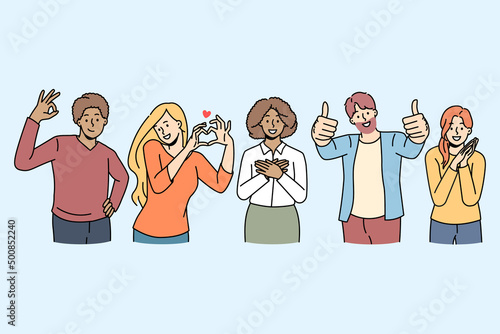 Overjoyed diverse multiethnic young people feel positive and joyful show diverse hand gestures. Smiling men and women use body language, ok, thumb up, heart sign. Vector illustration. 