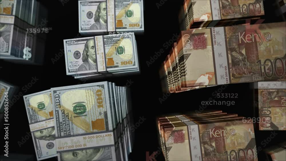 American Dollar and Kenya Shilling money exchange. Banknotes pack bundle. Concept of trade, economy, competition, crisis, banking and finance. Notes loopable seamless 3d. American Dollar and Kenya Shilling money exchange. Banknotes pack bundle. Concept of trade, economy, competition, crisis, banking and finance. Notes loopable seamless 3d.
