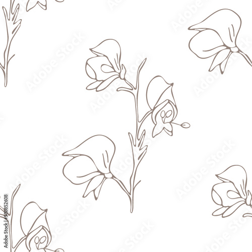 Botanical seamless pattern aconitum (wolfsbane). Illustration of wild flowers 