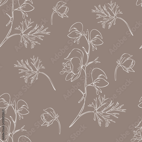 Botanical seamless pattern aconitum (wolfsbane). Illustration of wild flowers 