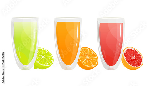 A set of juices .Orange juice, lime juice and grapefruit.Summer citrus, refreshing drink.A design element.Vector illustration.