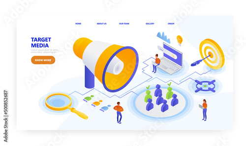 Target media, landing page design, website banner vector template. Digital advertising campaign.