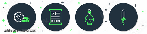 Set line Game guide, Bottle with magic elixir, Coin for game and Sword icon. Vector