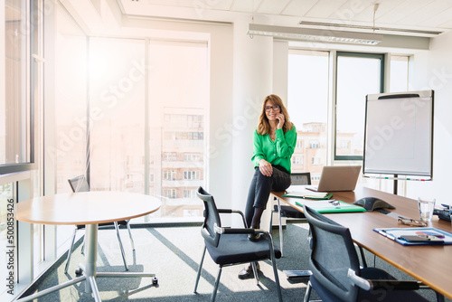 Attractive mature businesswoman making a call while sitting at the office and working