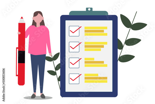 Woman holding pencil and fill out the checklist. Vector illustration of Marked checklist on a clipboard paper.	
