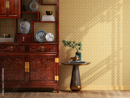3D render contemporary asian interior design. Antique chinese classic wooden cabinet with bone china porcelain in living room with modern side table. Window curtain, Parquet floor, Yellow wallpaper.