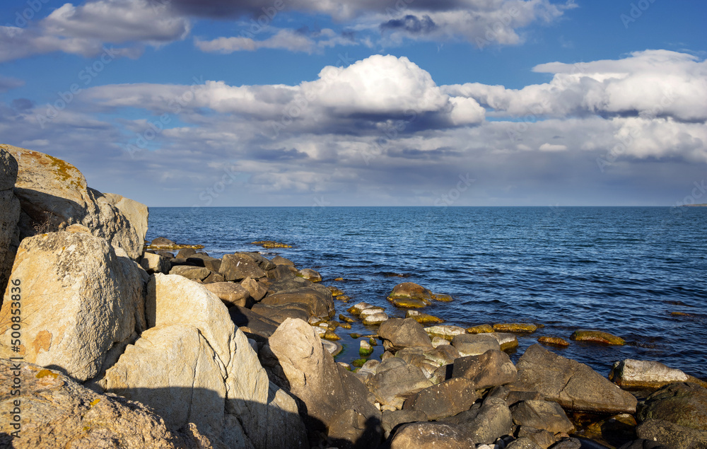 Bulgarian landscape with the Black Sea and stones at sunset