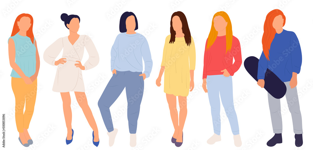 set of girls, women flat design, on white background, isolated