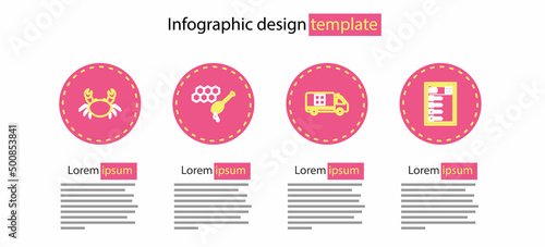 Set line Emergency car, Clinical record, Honeycomb with honey dipper and Crab icon. Vector