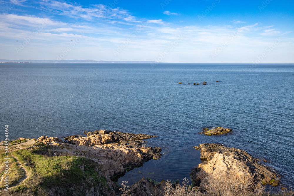 Bulgarian landscape with the Black Sea and stones at sunset