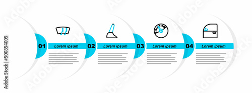 Set line Car door, Speedometer, handbrake and Windscreen wiper icon. Vector