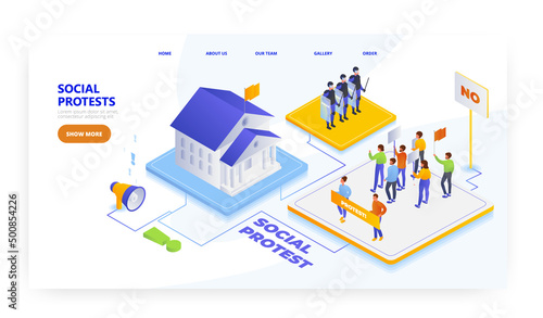 Social protests, landing page design, website banner vector template. Activists with placards. Picket, political strike.