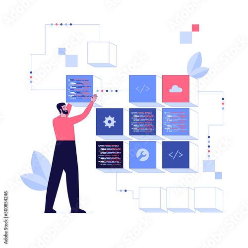 Back end development abstract concept vector illustration. Software development process, computer application, program code, programming language. Writing API and interface code abstract metaphor.