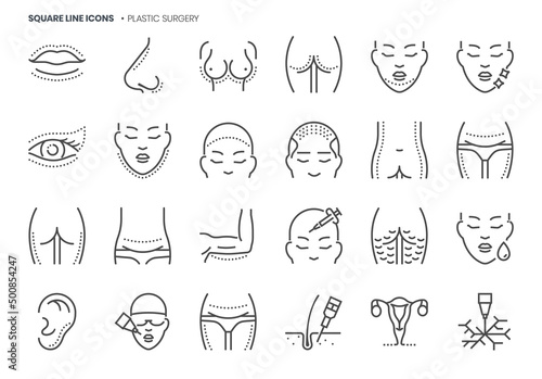 Plastic surgery related, pixel perfect, editable stroke, up scalable square line vector icon set.
