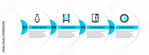 Set line Clock, Shower cabin, Chair and Vase icon. Vector