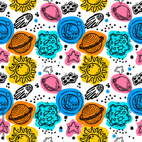 A seamless pattern of planets, comets, asteroids and stars. Hand-drawn elements hand-drawn doodle in sketch style. Sun. Stars. Solar system with bright spots on a white background.