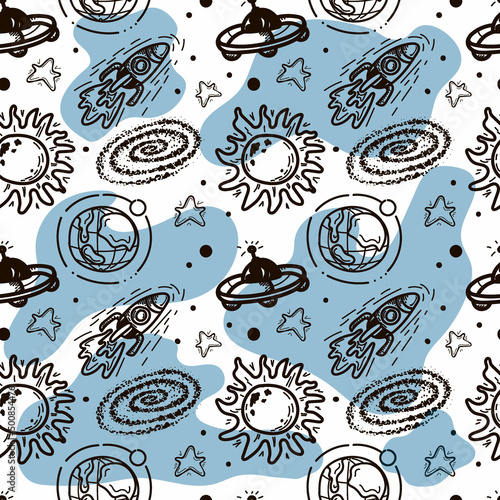 Seamless pattern of rockets, planets, comets, asteroids and stars. Vector in cartoon style. Black hole. Sun. Stars. Solar system on white with spots background. Can be used for children's textiles.