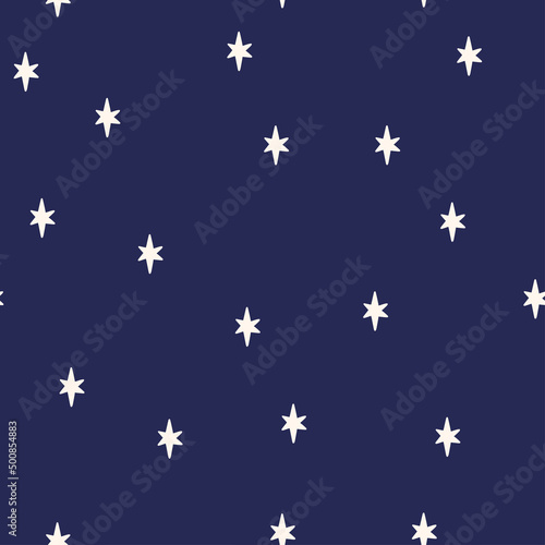 Star vector seamless pattern on navy background. Modern kids drawing illustration. Simple nursery prints for textile  apparel  fabric  digital paper design  baby clothes  scrapbooking  cover.