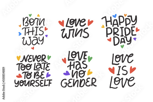 LGBT vector illustration set. Concept for pride community. Happy Pride day, Love ia Love hand drawn modern lettering quote. Festival slogan. Design for poster, flyer, card, banner, stiker.