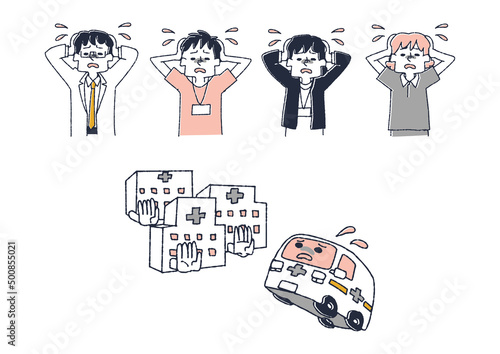 頭を抱えている医療従事者と受け入れ先がない救急車のセット　コミカルな手書きの人物　ベクター、線画
