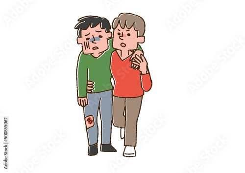怪我した男性に肩を貸している男性　コミカルな手書きの人物　ベクター、線画にカラー