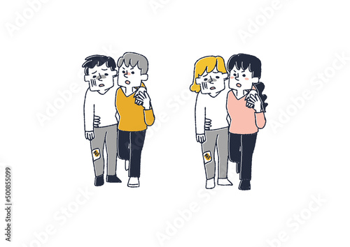 怪我人に肩を貸している人のセット　コミカルな手書きの人物　ベクター、線画にカラー