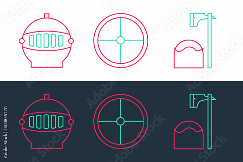 Set line Executioner axe in tree block, Medieval iron helmet and Round wooden shield icon. Vector