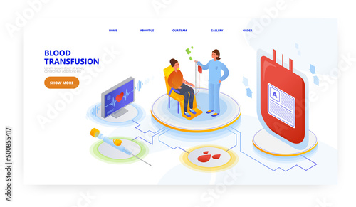 Blood transfusion, landing page design, website banner vector template. Donor volunteer donating blood.
