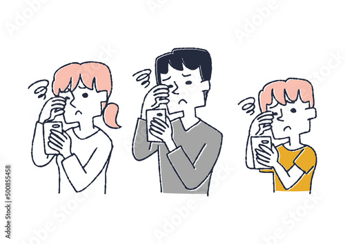 スマホの見過ぎで目の疲れを感じている人々のセット　コミカルな手書きの人物　ベクター、線画にカラー