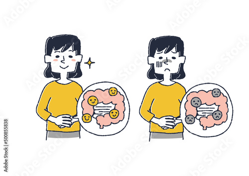 腸の調子のイラストセット　コミカルな手書きの人物　ベクター、線画にカラー