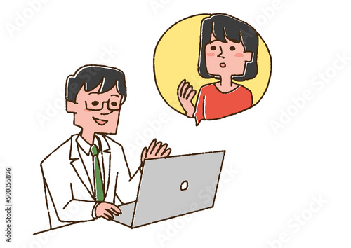 オンライン診療を受けている女性　コミカルな手書きの人物　ベクター、線画にカラー