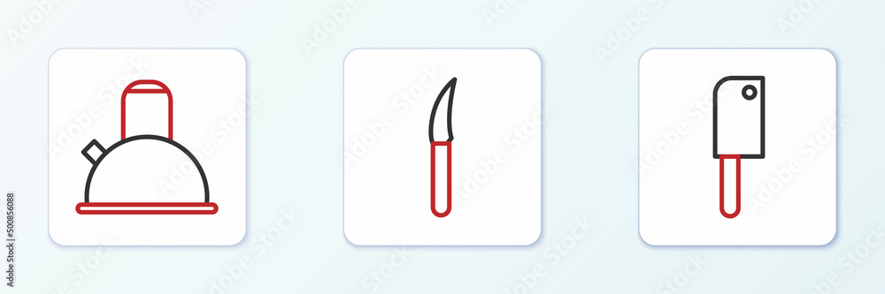Set line Meat chopper, Kettle with handle and Knife icon. Vector Set line Meat chopper, Kettle with handle and Knife icon. Vector