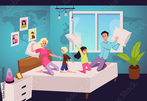 Parents and children having comic battle with pillows, flat vector illustration.
