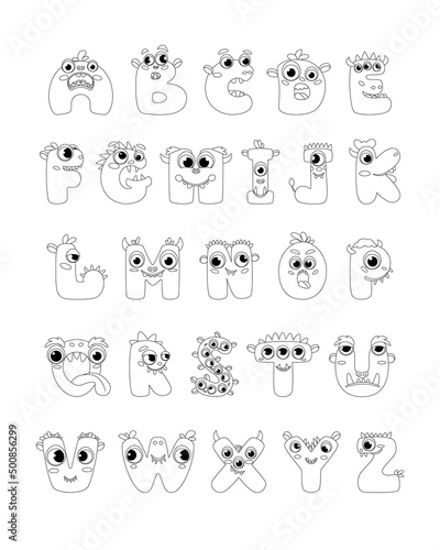 Monster alphabet coloring page book. Coloring page english alphabet for children with funny and sad monsters. Funny alphabet of cartoon characters vector font letters of comic monster creature faces