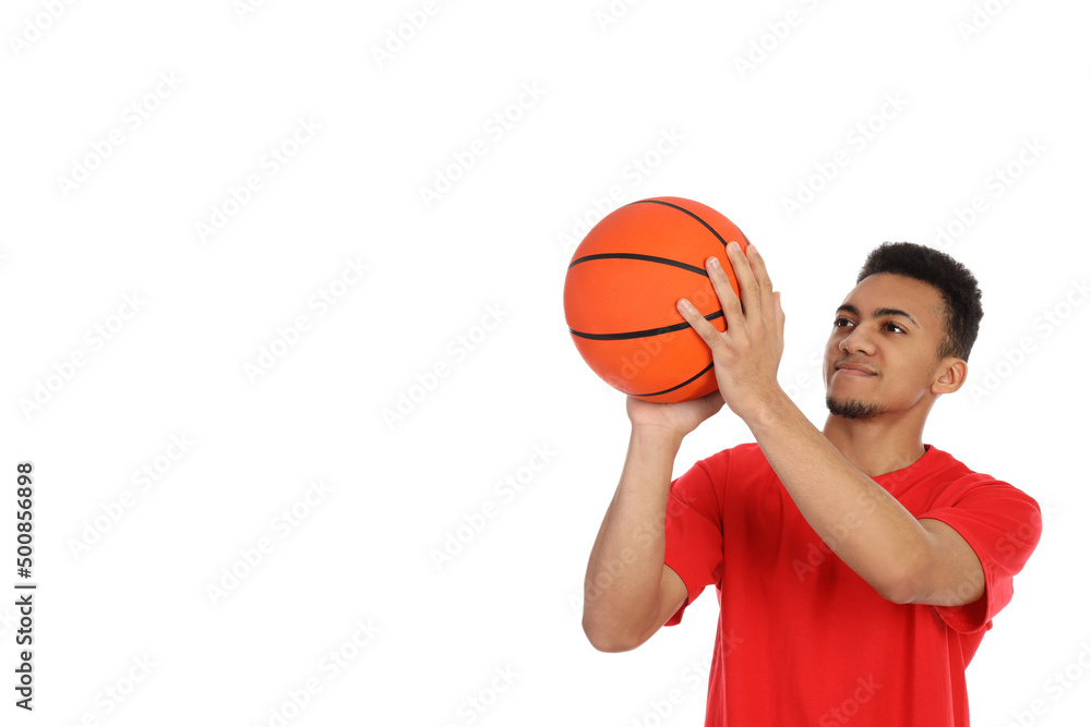 Young man with basketball ball isolated on white background