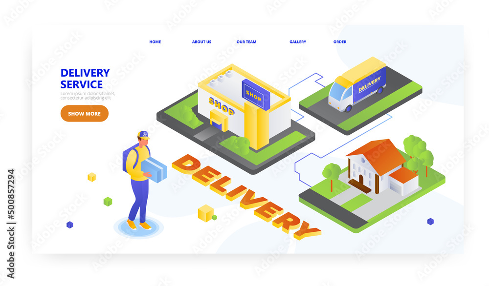 Delivery service, landing page design, website banner vector template. Courier delivering parcel to customer home door. Delivery service, landing page design, website banner vector template. Courier delivering parcel to customer home door.