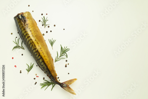Concept of tasty food with smoked mackerel, space for text