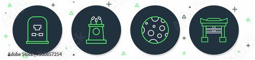 Set line Stage stand or tribune, Moon, Tombstone with RIP written and Japan Gate icon. Vector