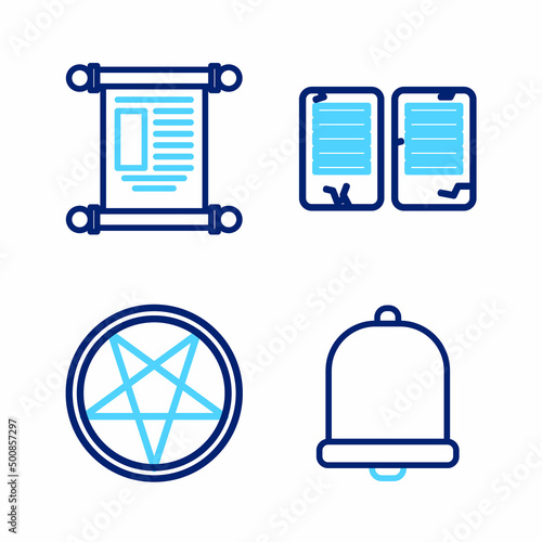 Set line Church bell, Pentagram in a circle, The commandments and Decree, paper, parchment, scroll icon. Vector