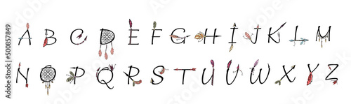 Boho alphabet letter on white background. Arrows and feathers for wall decor, postcards, posters, prints.