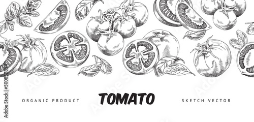 Horizontal banner with hand drawn monochrome different tomatoes and leaves