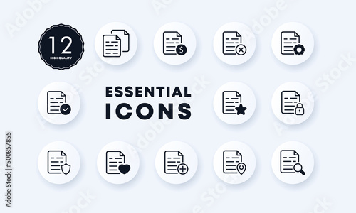 Documents icons set. Check mark. filling out paperwork. Protecting confidential papers. Neomorphism style.
