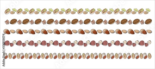 Border frame with Peanut, nuts and leaves. Graphic hand drawn engraving style.