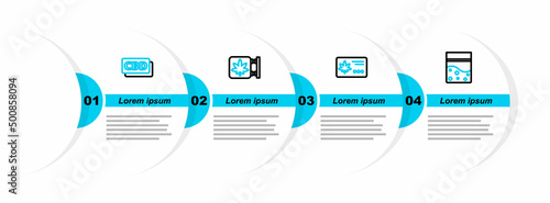 Set line Plastic bag of cannabis, Calendar and marijuana leaf, Marijuana store and Cannabis molecule icon. Vector