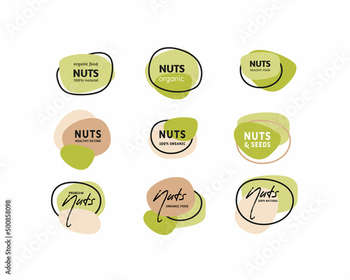 Premium Quality Nuts, Cocoa and Coconuts Vector Signs or Logo Templates Collection. Hand Drawn Almond, Cashew, Pistachio, Hazelnut